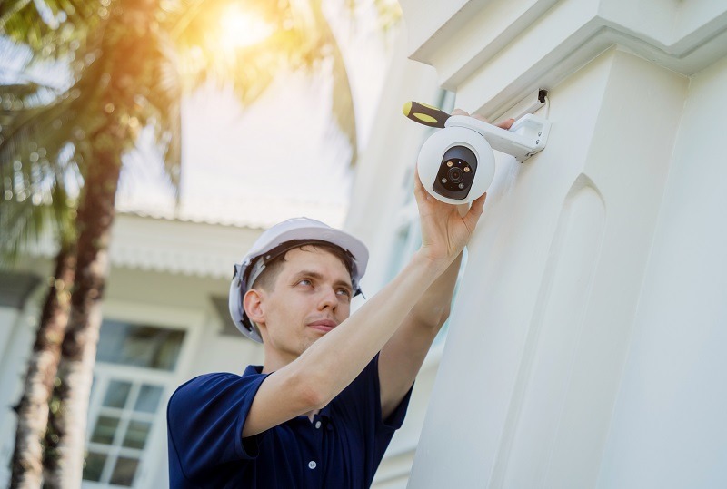 A technician installs a CCTV camera on the facade of a residential building